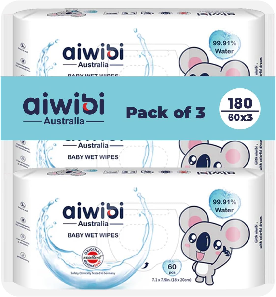 Three packages of aiwibi Australia baby wet wipes with a cartoon koala design on a white background.