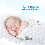 Newborn baby sleeping on a soft surface with text about softness and texture