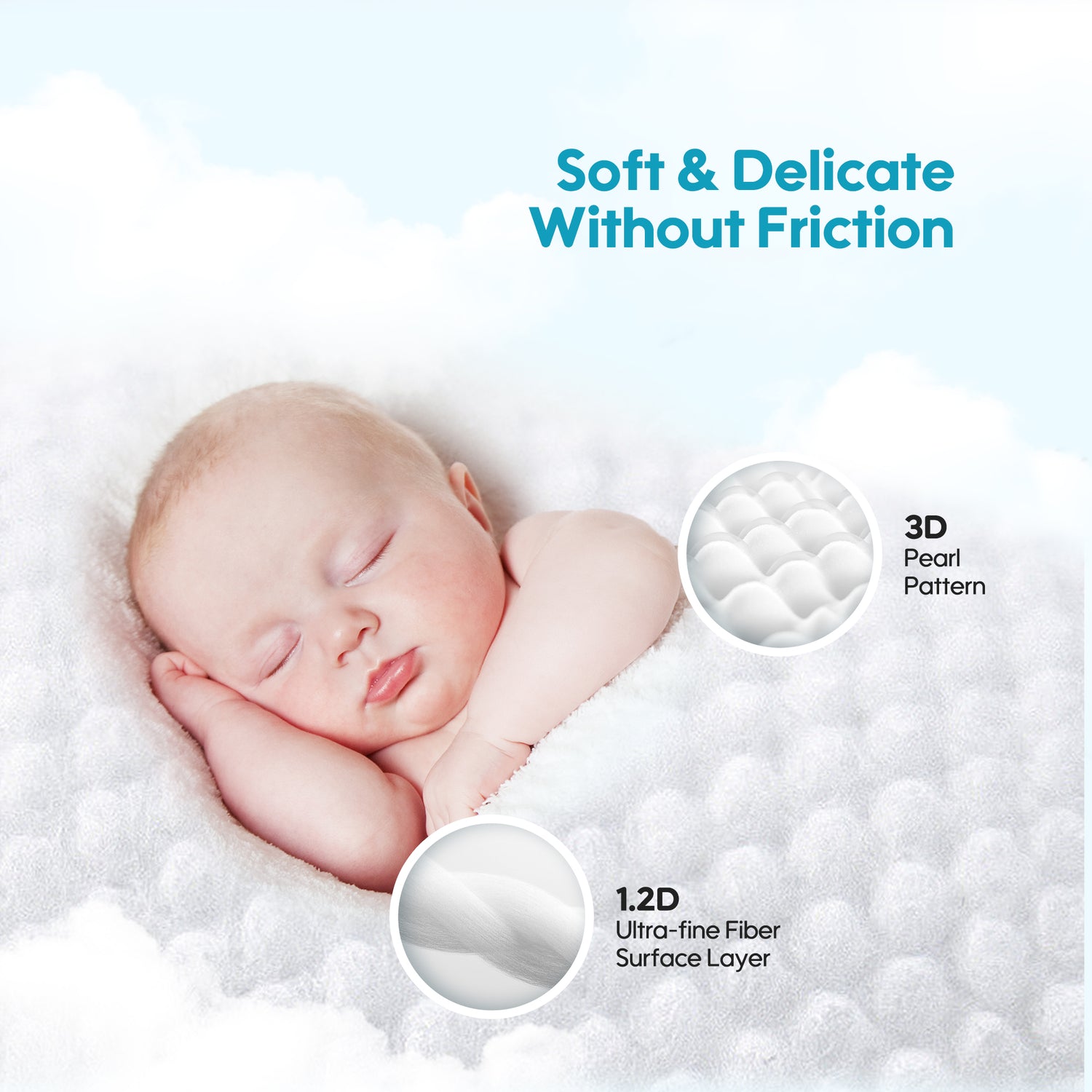 Newborn baby sleeping on a soft surface with text about softness and texture