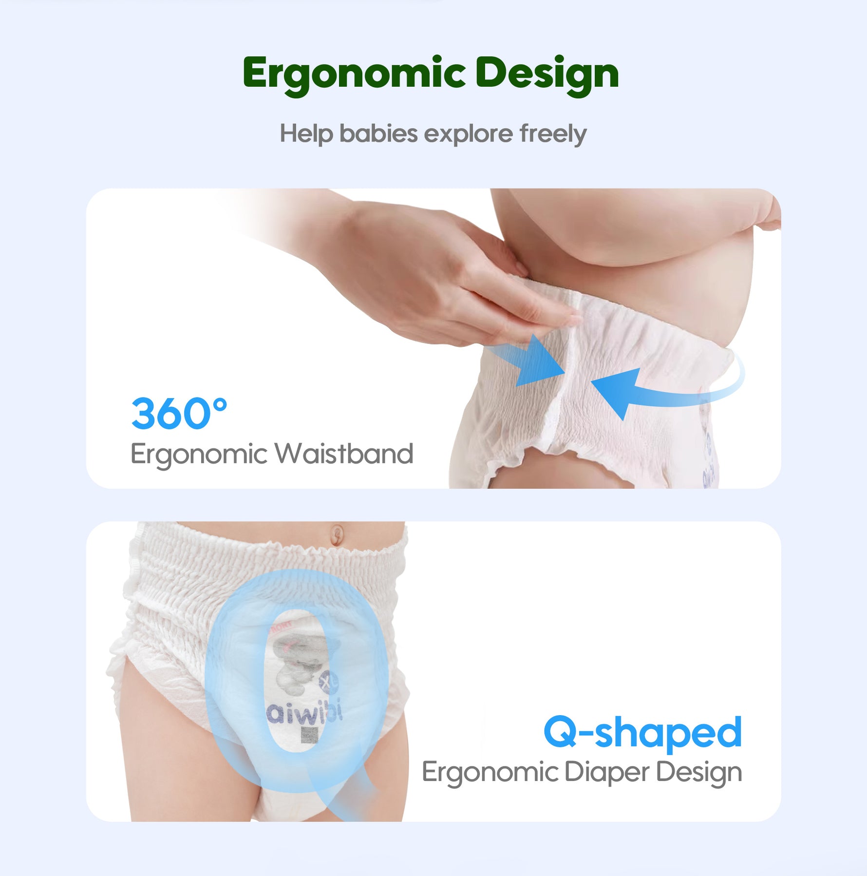Aiwibi Royal Comfort Baby Pants 360° ergonomic comfort waistband.