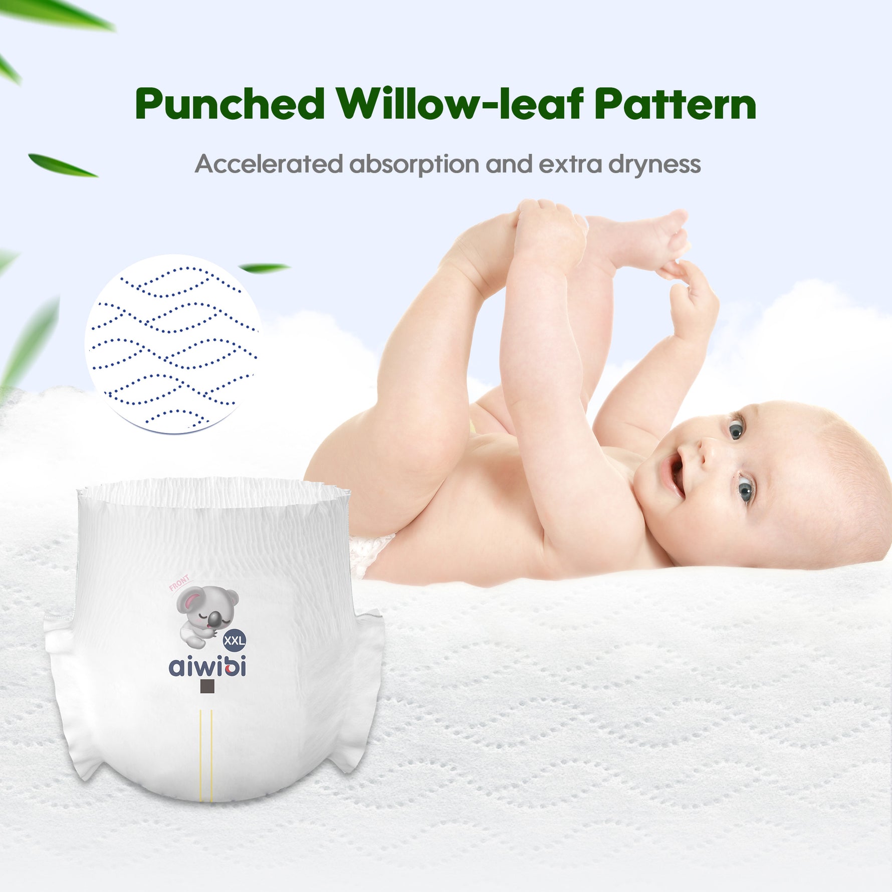 Aiwibi Royal Comfort Baby Pants leaf-shaped perforations for fast liquid absorption.
