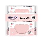 3 Packs of aiwibi strawberry baby wet wipes with pink packaging on a white background