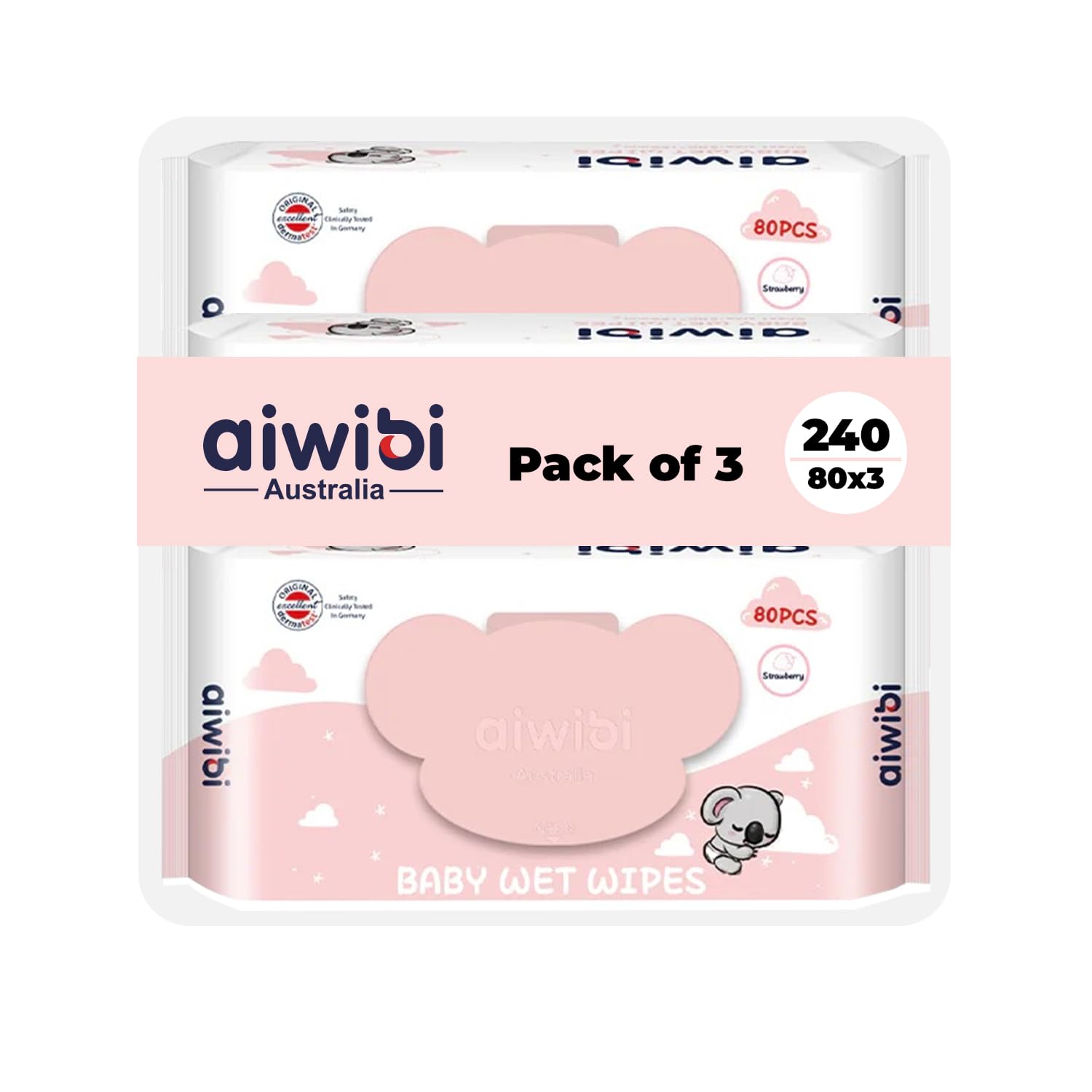 3 Packs of aiwibi strawberry baby wet wipes with pink packaging on a white background