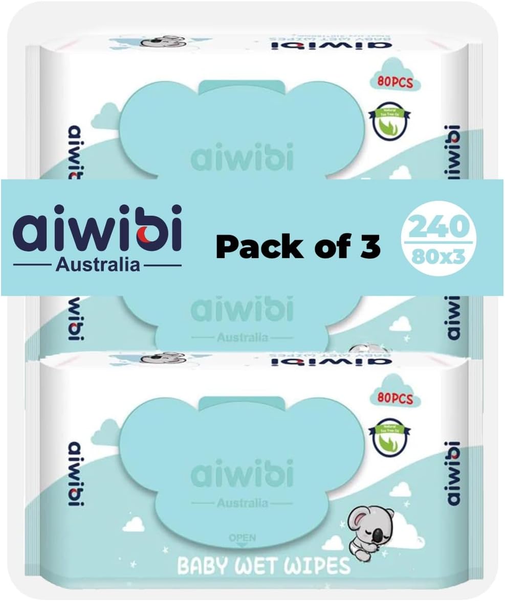 Packaging of aiwibi Australia baby wet wipes with multiple packs displayed.
