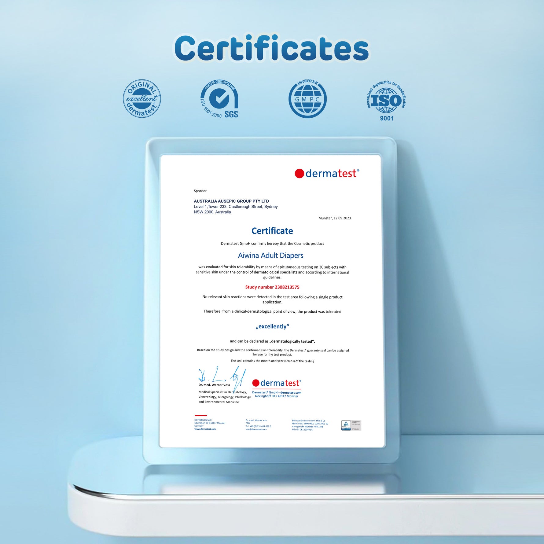 German Dermatest certified adult diaper, clinically tested for excellent skin tolerance and gentle care.