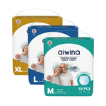 Three packages of Aiwina premium unisex adult pants in different sizes, with the brand logo and product information displayed on the front.