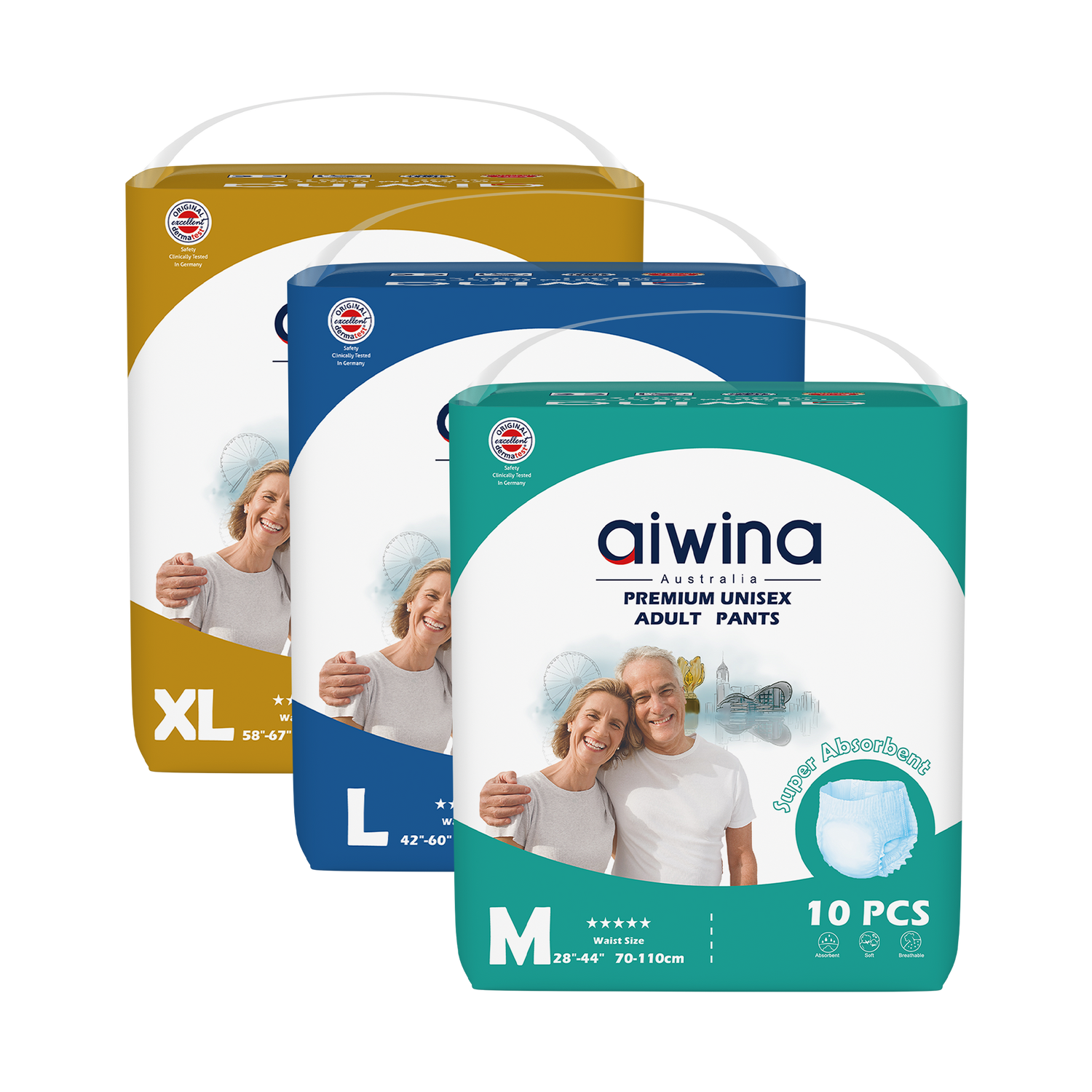 Three packages of Aiwina premium unisex adult pants in different sizes, with the brand logo and product information displayed on the front.