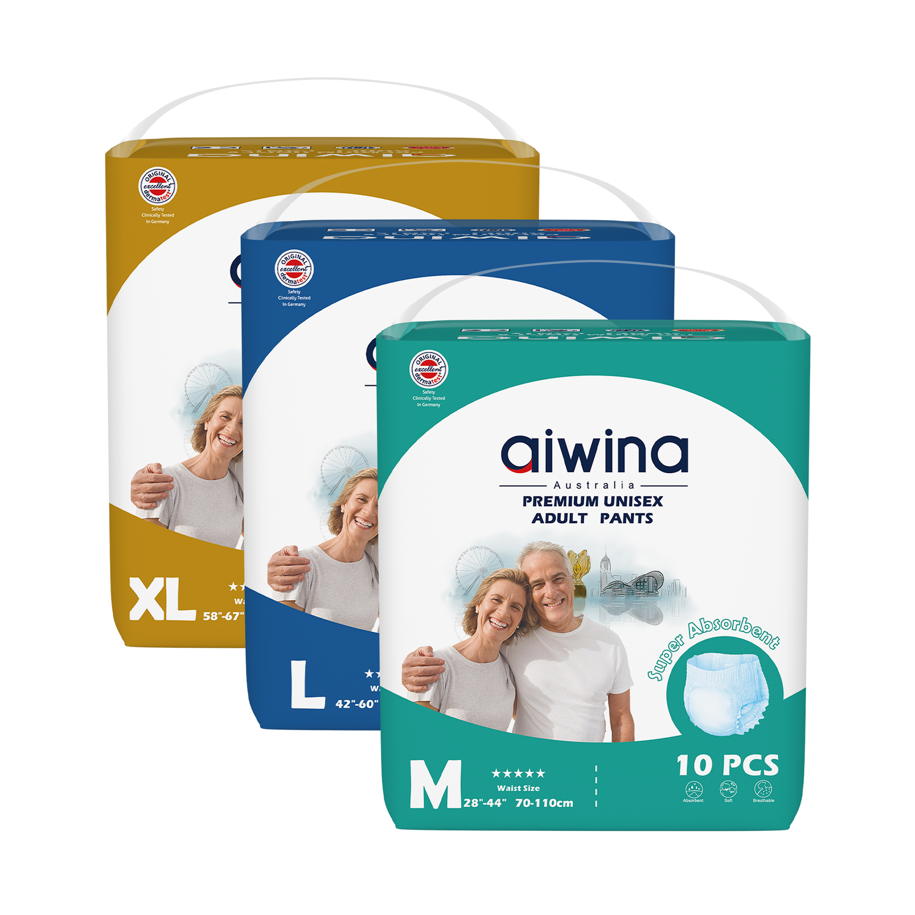 Three packages of Aiwina premium unisex adult pants in different sizes, with the brand logo and product information displayed on the front.