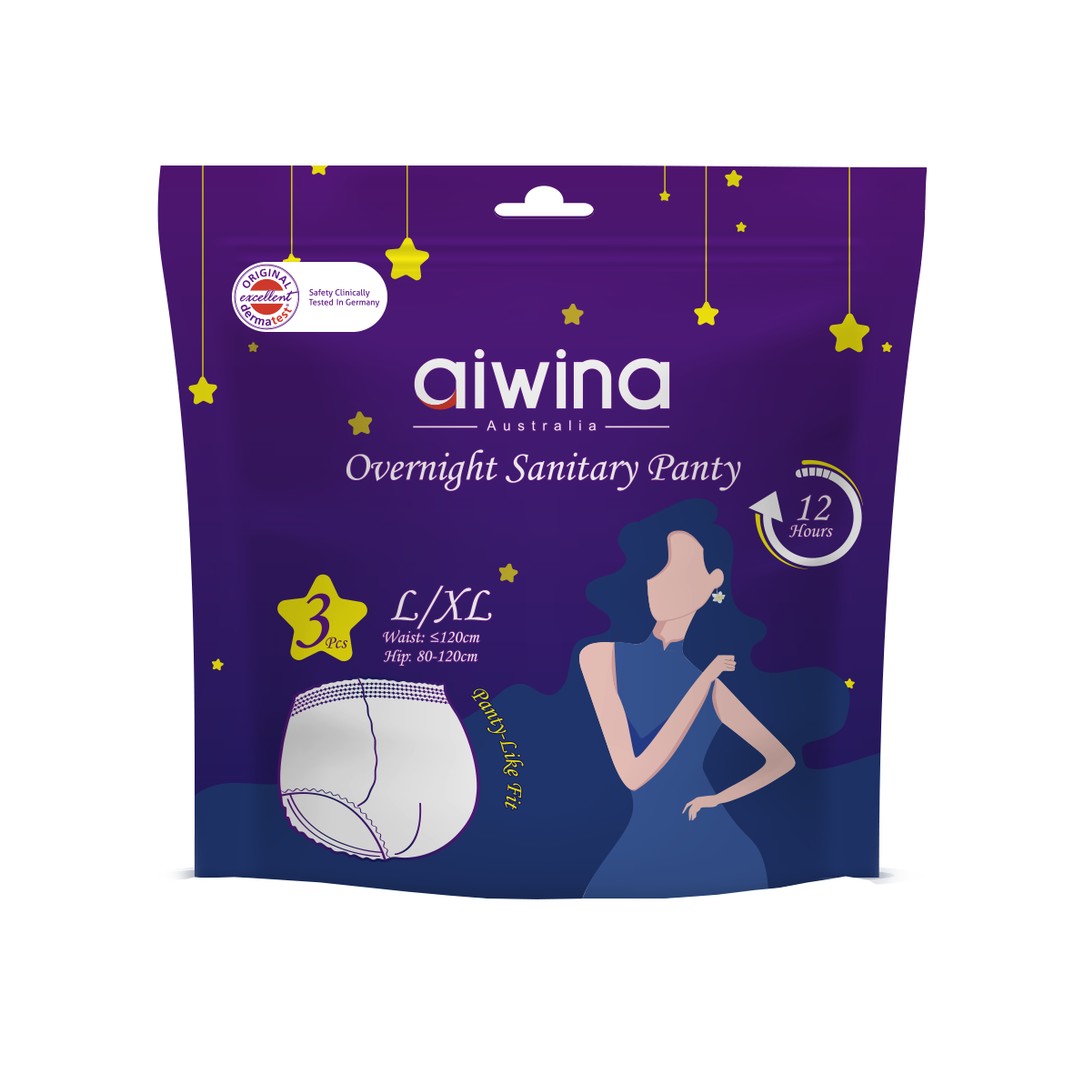 Packaging of Aiwina premium overnight peroid panties with one product visible,  Sizes: L/XL; 3pcs per pack