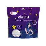 Packaging of Aiwina premium overnight peroid panties with one product visible,  Sizes: S/M; 3pcs per pack