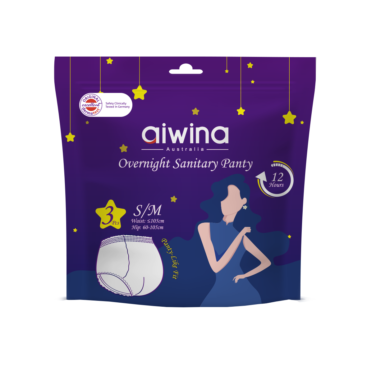 Packaging of Aiwina premium overnight peroid panties with one product visible,  Sizes: S/M; 3pcs per pack