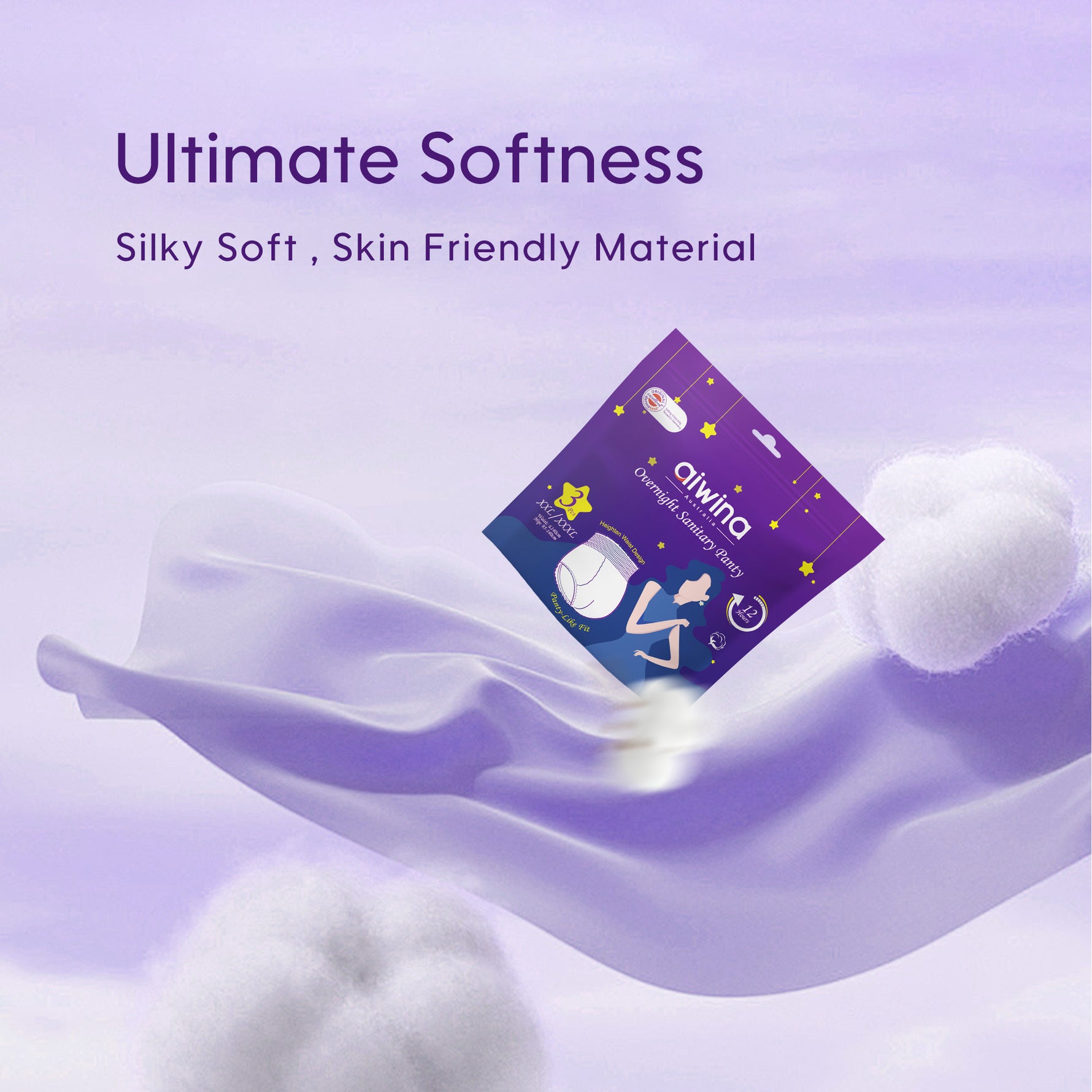 Soft Aiwina overnight period panties with Plantpower core, rapid absorption and long-lasting protection.