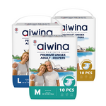 Packaging of Aiwina Premium Unisex Adult Diapers showing the product name and quantity, from size M to size XL.