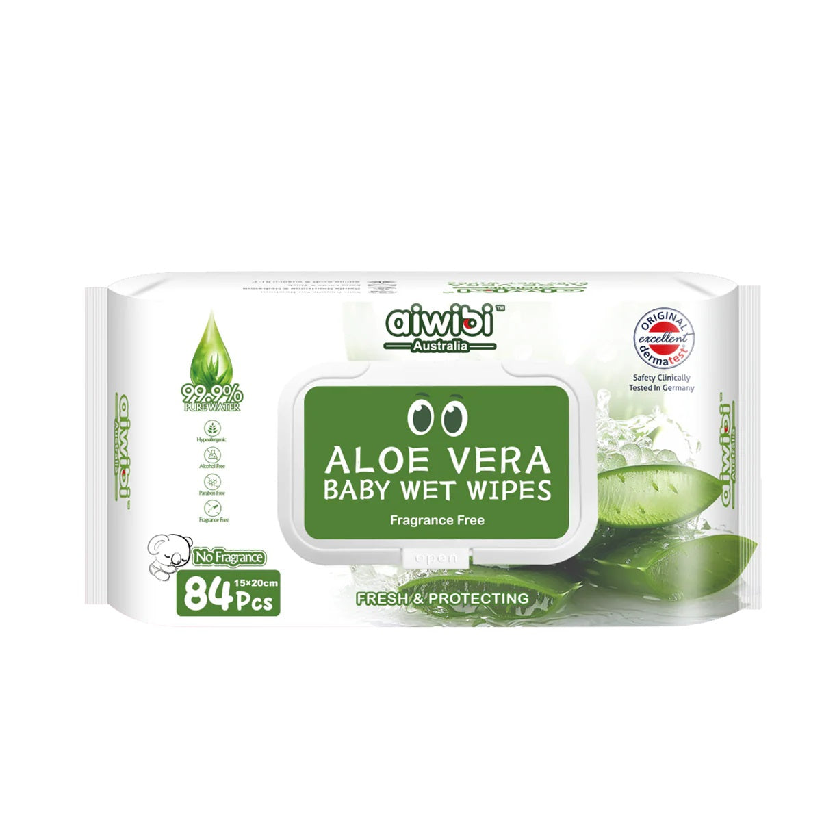 Package of aloe vera baby wet wipes with visible branding on a white background