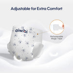 White diaper with cartoon designs and 'aiwibi' branding, featuring adjustable magic tape for extra comfort.