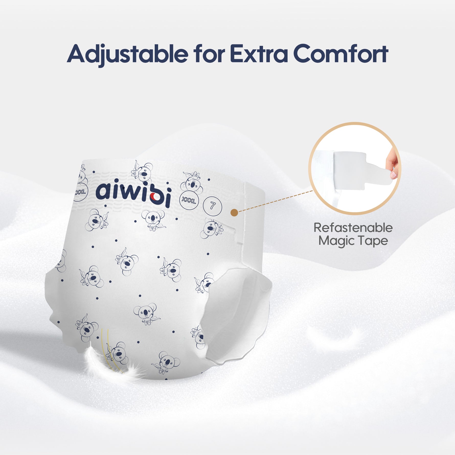 White diaper with cartoon designs and 'aiwibi' branding, featuring adjustable magic tape for extra comfort.