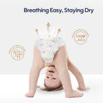 Child wearing an aiwibi diaper with text and graphics about breathability and dryness on a white background