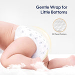 Baby wearing a diaper with a 3D pearl pattern, labeled 'Gentle Wrap for Little Bottoms'.
