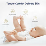 A baby wearing Aiwibi diapers, accompanied by the text “Gentle care for delicate skin” and an icon illustrating the product’s gentle properties for delicate skin.