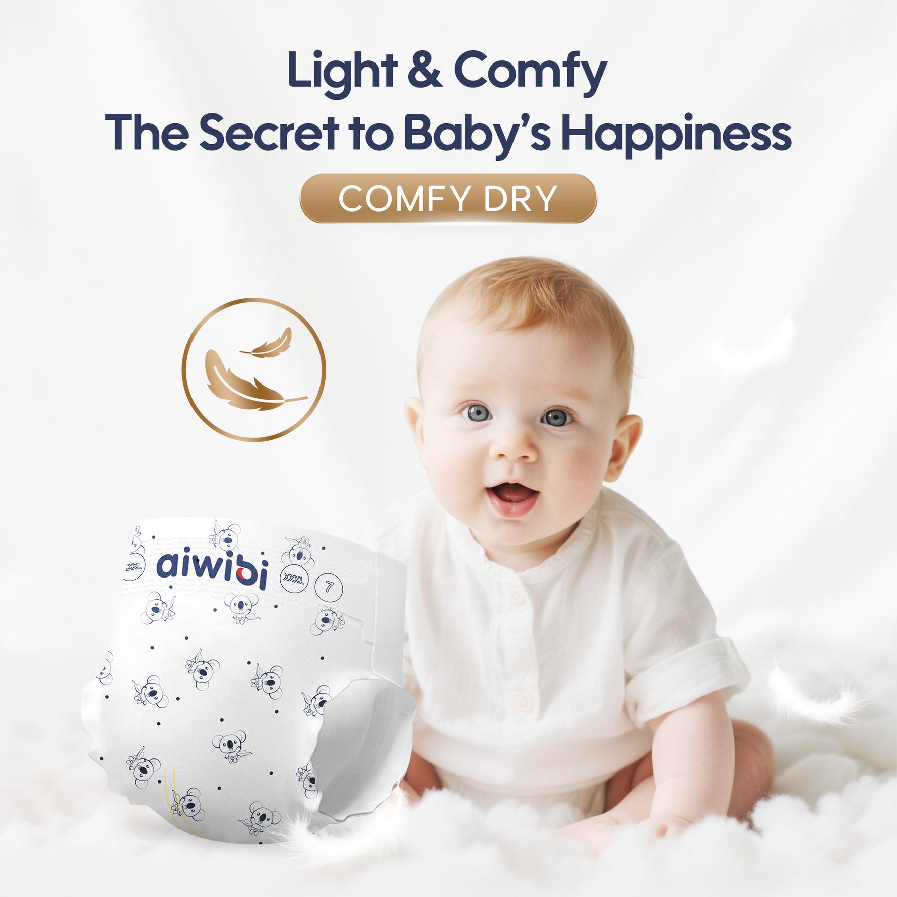 Baby sitting next to an aiwibi diaper with text 'Light & Comfy The Secret to Baby's Happiness' and 'COMFY DRY'.