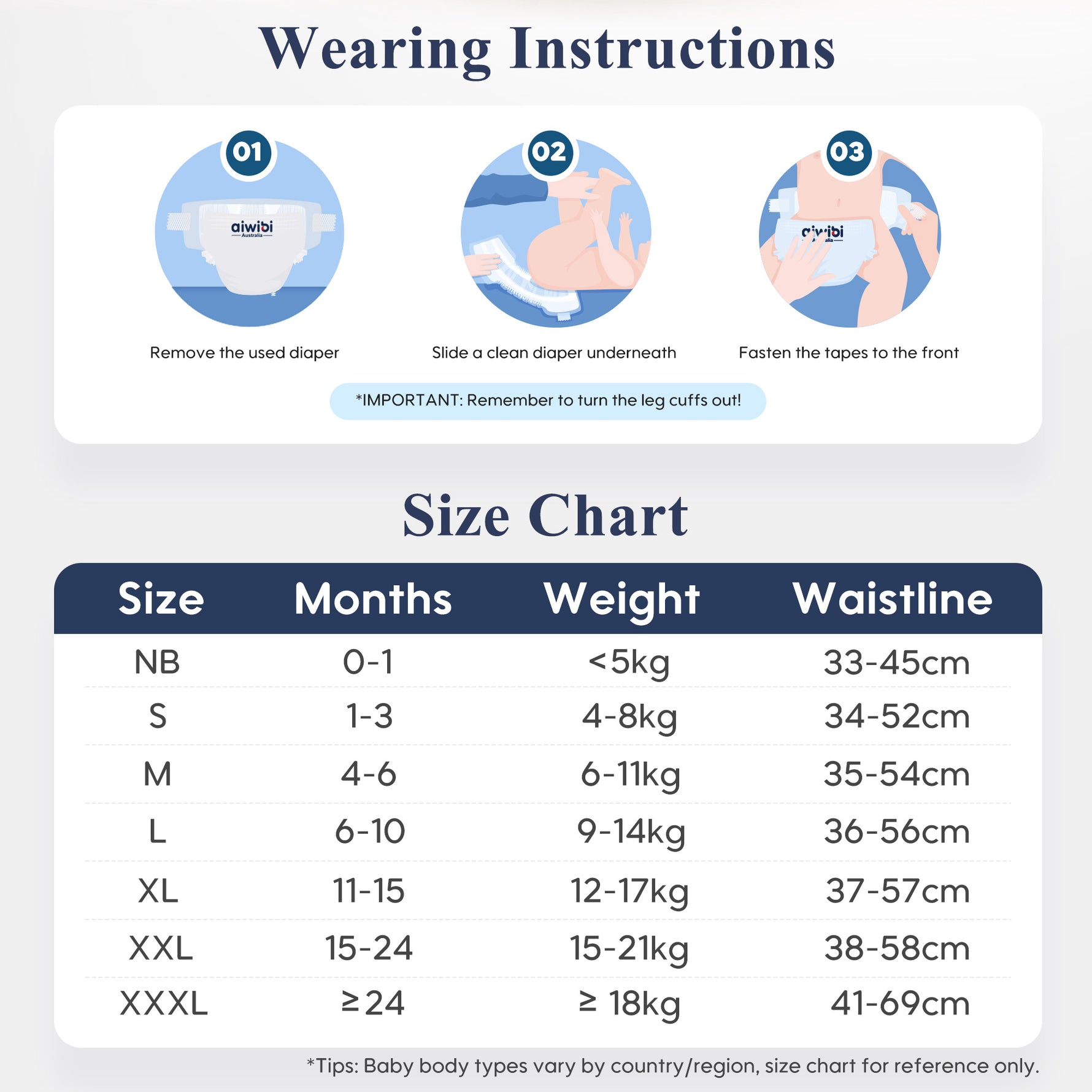 Aiwibi Comfy Dry Diaper Size Chart