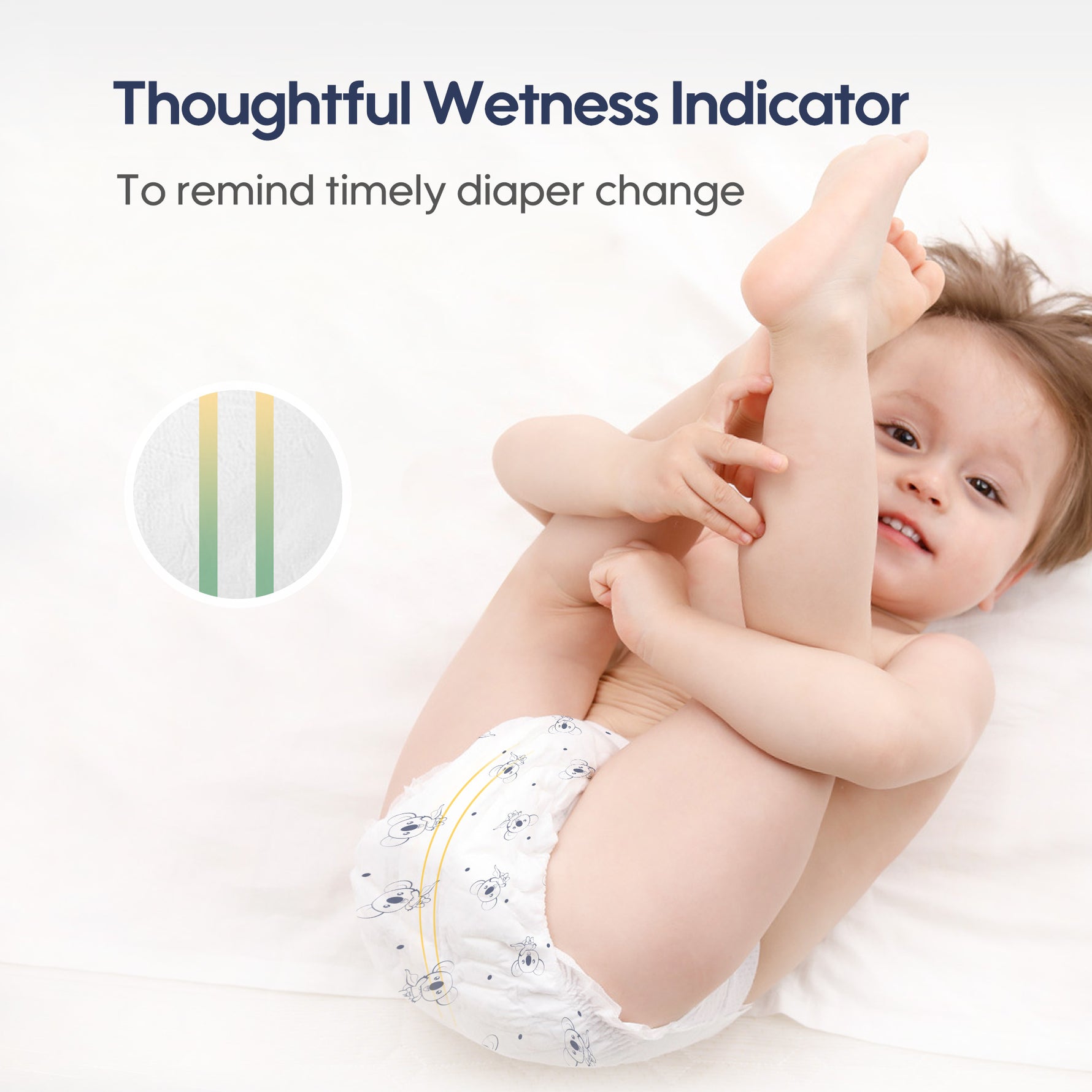 Baby wearing aiwibi diaper with a thoughtfully designed wetness indicator, lying on a white surface.