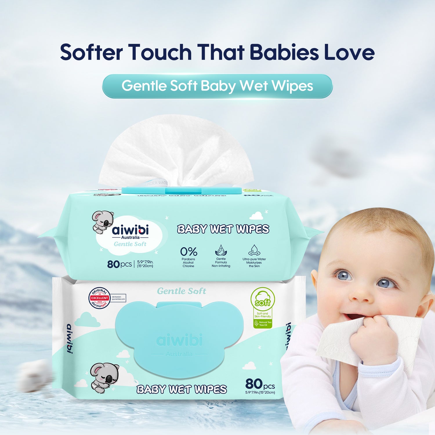 Aiwibi Gentle Soft Sensitive Care Wipes - Natural tea oil